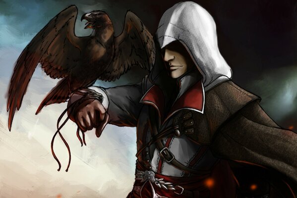 Assassins creed. Assassinenkrieger mit Vogel am Arm