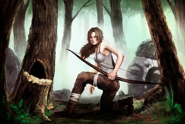 Lara with a bow is on one knee