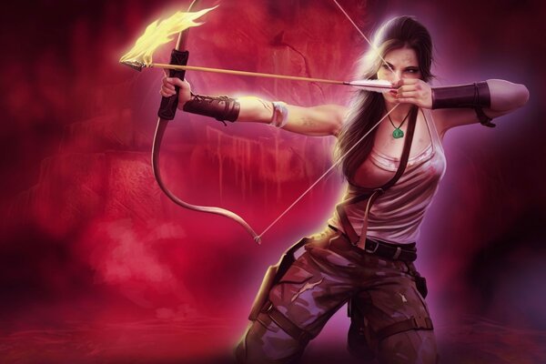 Lara Croft z łukiem i płonącą strzałą