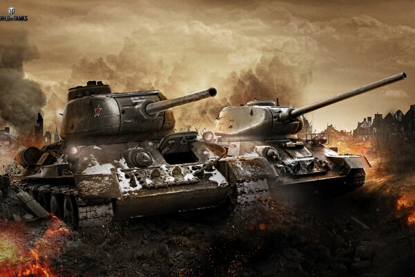 Tanques T-34 en el campo de batalla en llamas