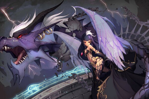 A girl and a purple dragon. Magic Game