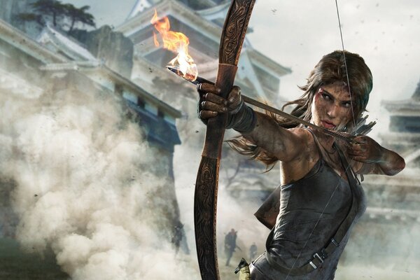 The main character of the Tomb Raider game shoots a bow with an arrow with a fiery tip