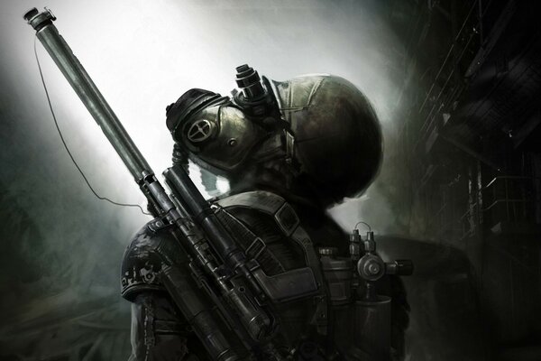 Metro 2033. A man in a gas mask looks at the last light