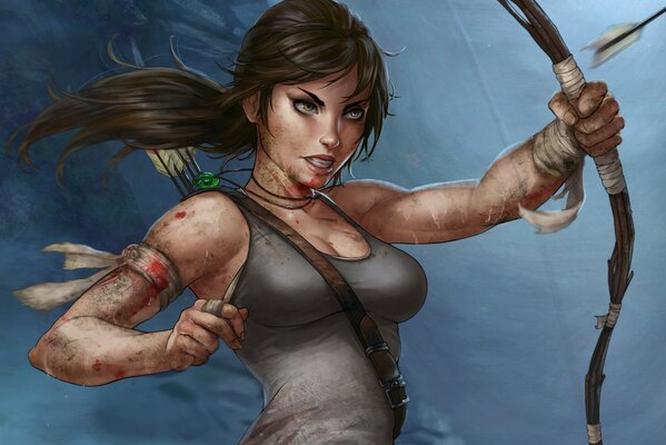 Lara Croft con arco sobre fondo azul marino