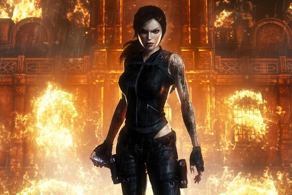 Spiel tomb raider underworld. Lara Croft vor dem Hintergrund des Feuers