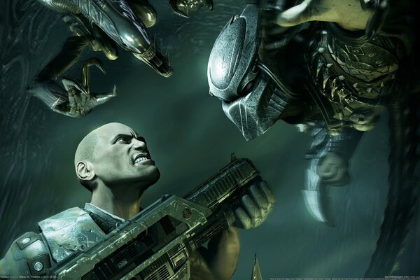 Battle with predator and alien saltad with a machine gun