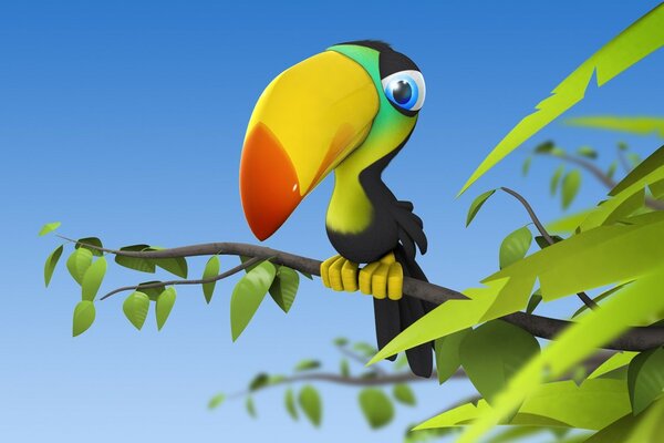 Toucan is sitting on a branch with green leaves