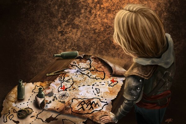 Narysowane dziecko stoi przed mapą