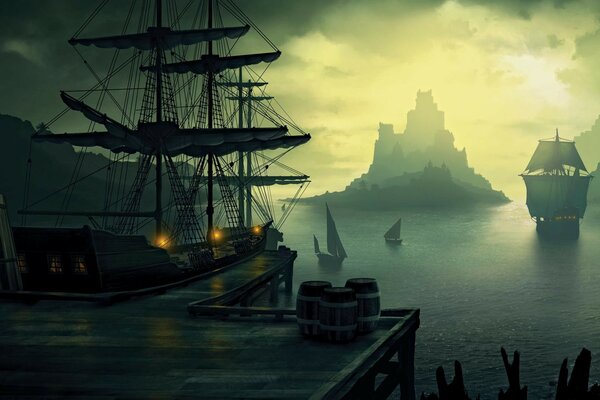 A mysterious port with sailing ships