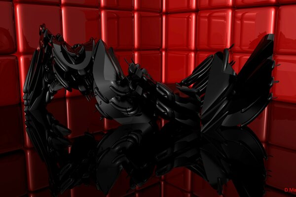 A fantasy black creature on a background of red cubes