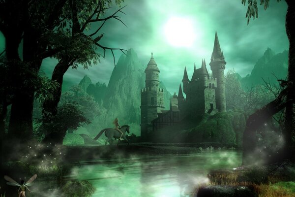 Castello notturno nella nebbia in stile fantasy