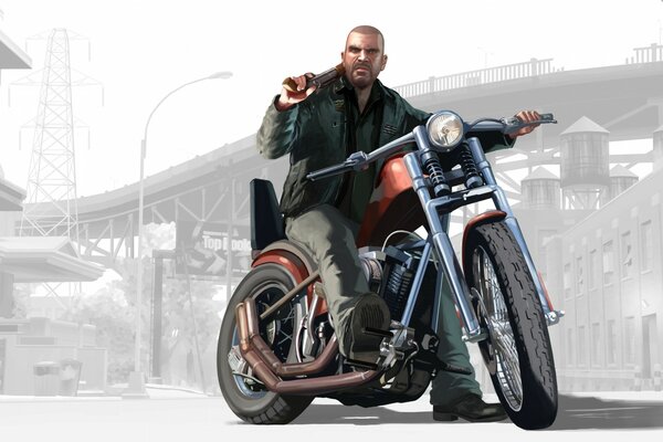 Ein Mann mit einer Waffe auf einem Motorrad. gta-Spiel