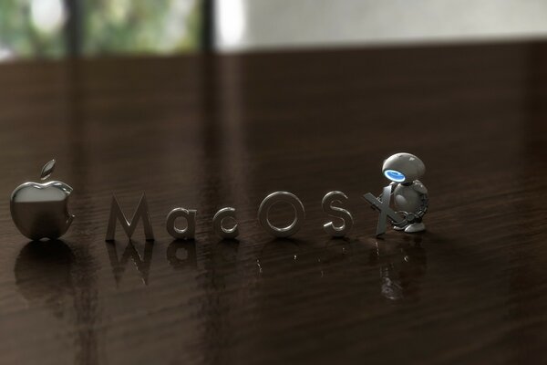 A small robot puts an inscription of the letters macOS on the table