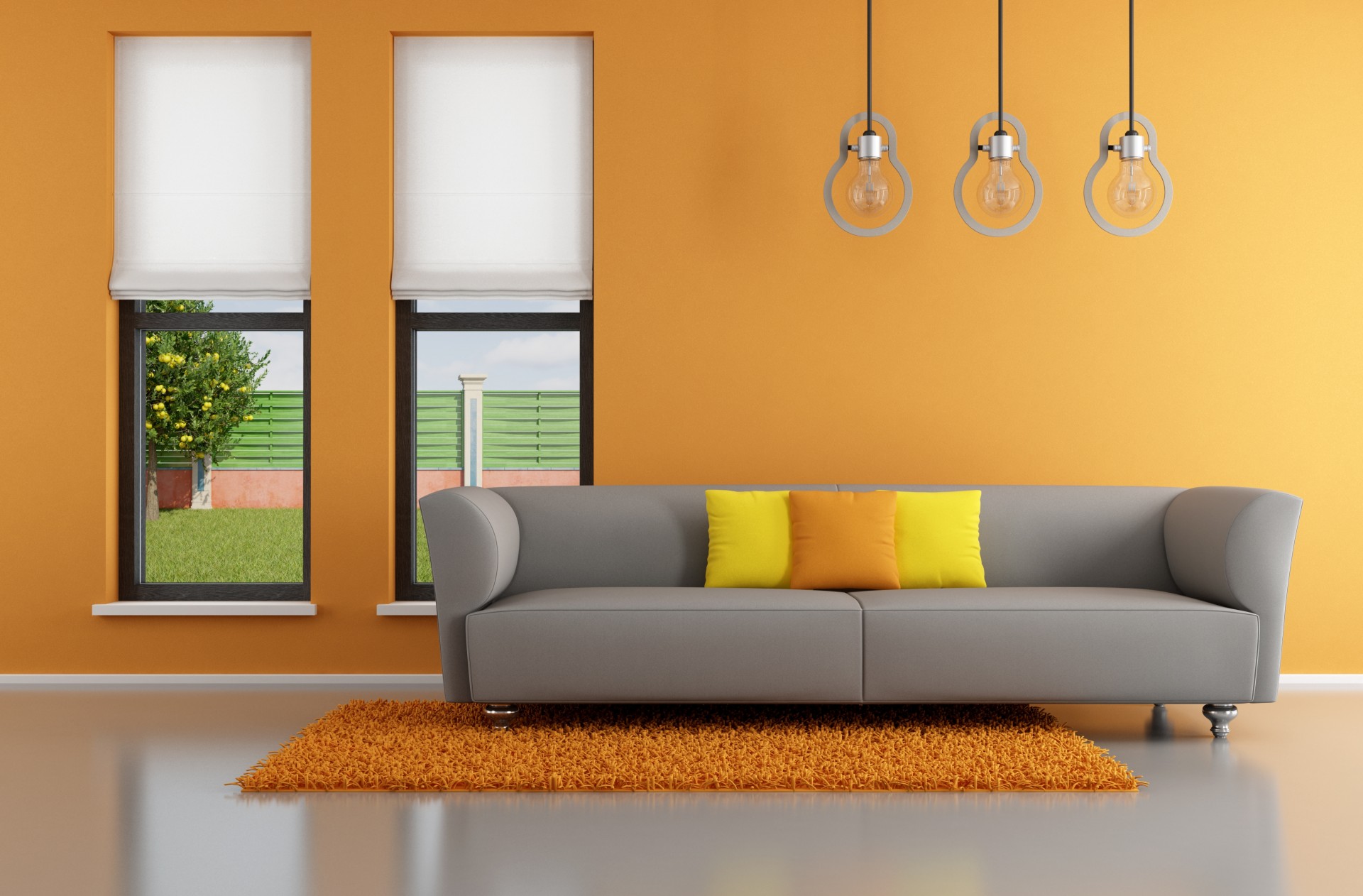 stilvolles design orange wohnzimmer fenster minimalistisch kissen sofa salon