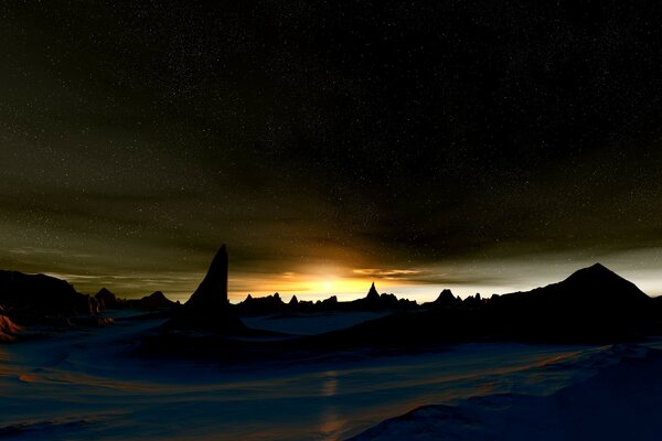 Amanecer sobre las montañas oscuras