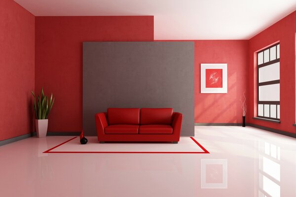 Rotes Zimmer mit weißem glänzendem Boden
