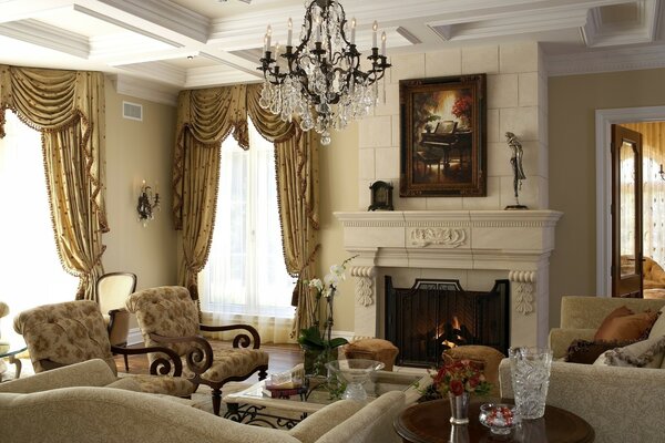 Stylish design of a room with a fireplace