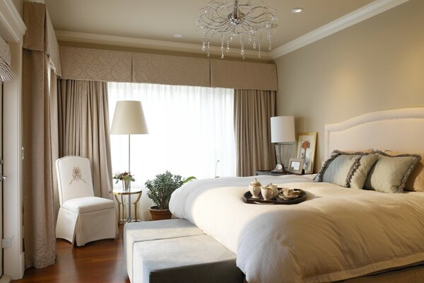 Bedroom. Beautiful design. Bed with pillows