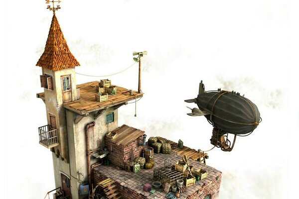 Airship over the courtyard of the house