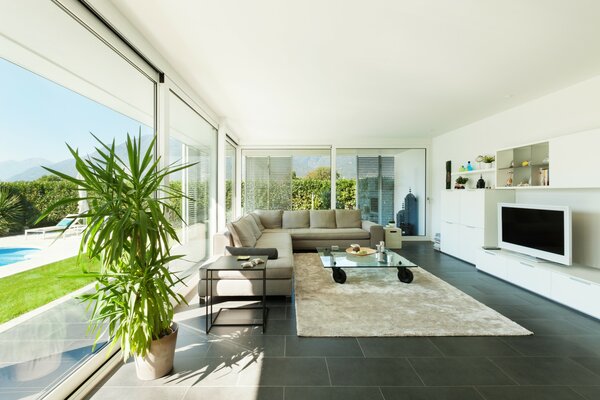 White living room with a view from the window