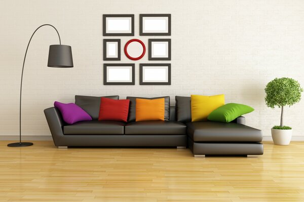 Modern living room with a bright sofa with pillows