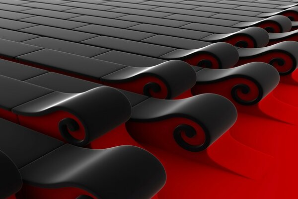 A black tile in the form of waves covers a red background