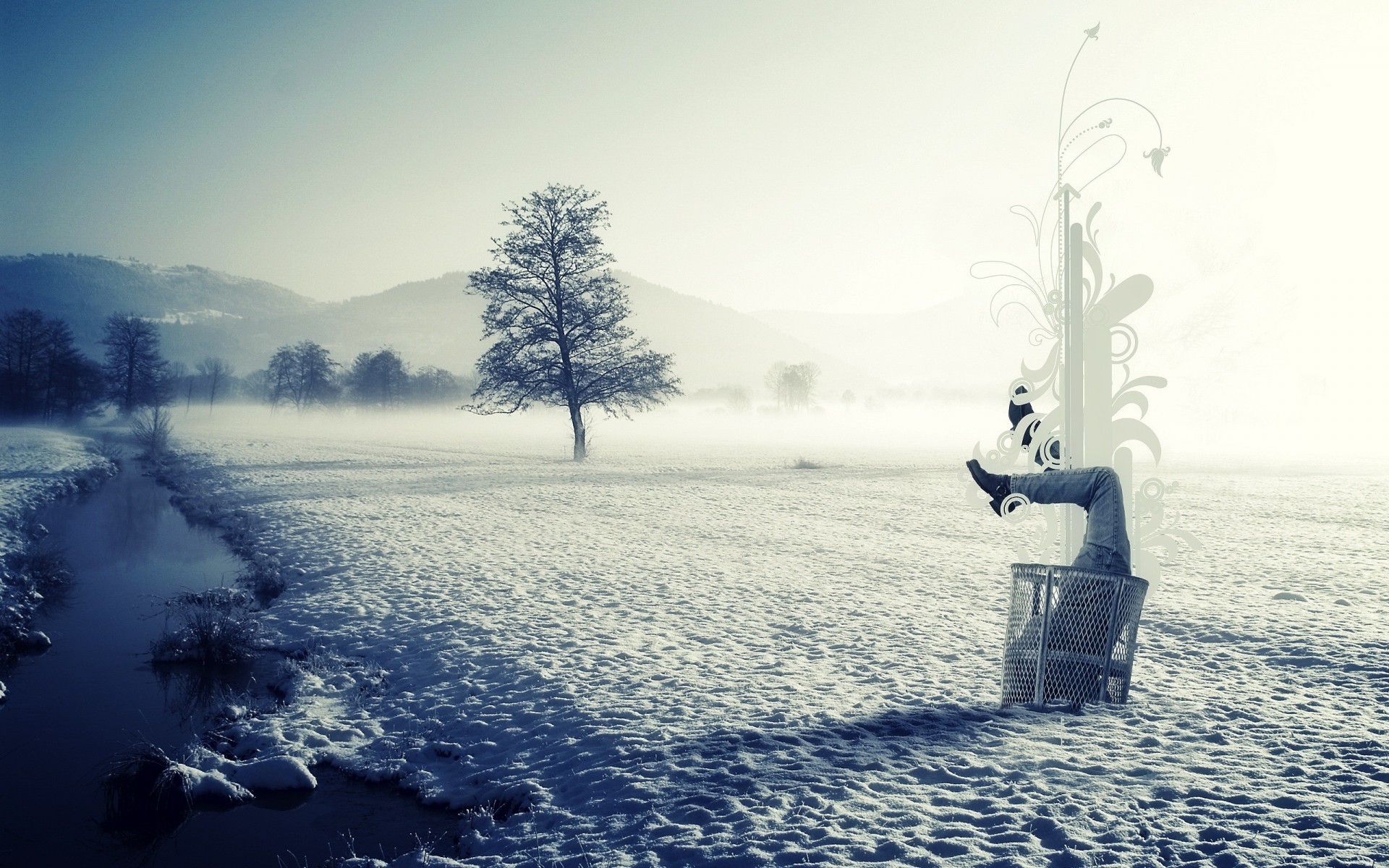 in der schneewehe im schnee hälfte beine oberkörper schnee winter fluss eis stil nebel korb mus