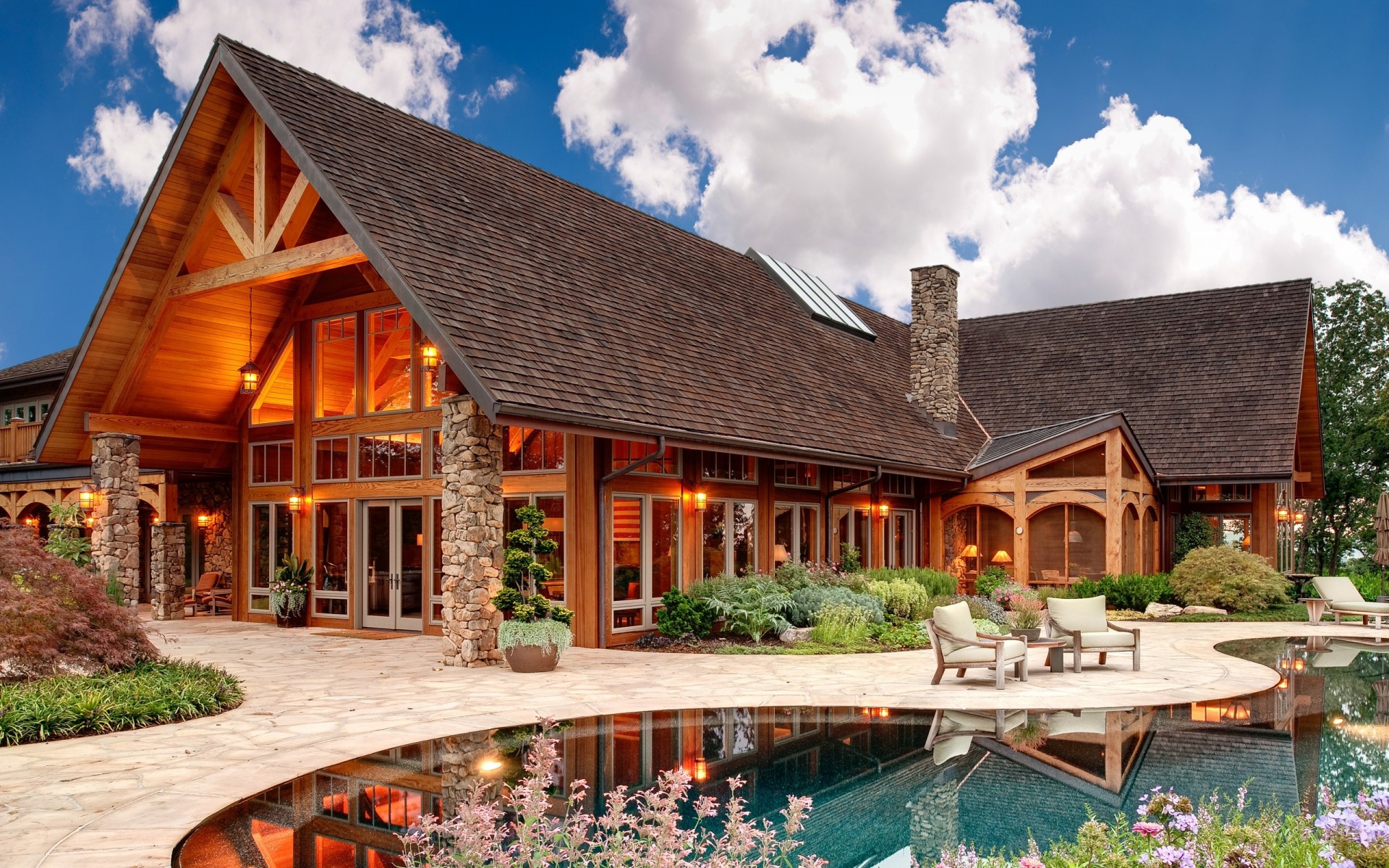 maison extérieur en bois piscine maison pierre