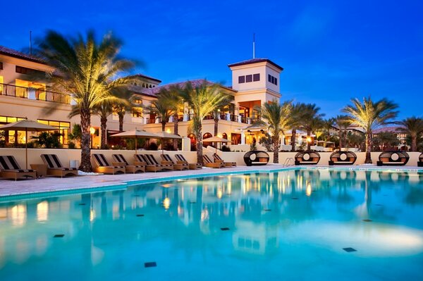 Hôtel sur la mer. Palmiers au bord de la piscine