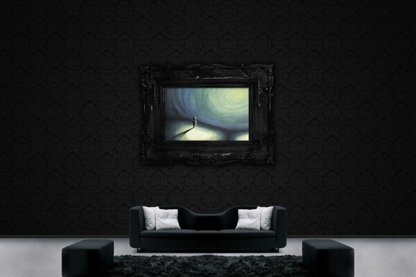 The only painting on the black wall with dark sofas