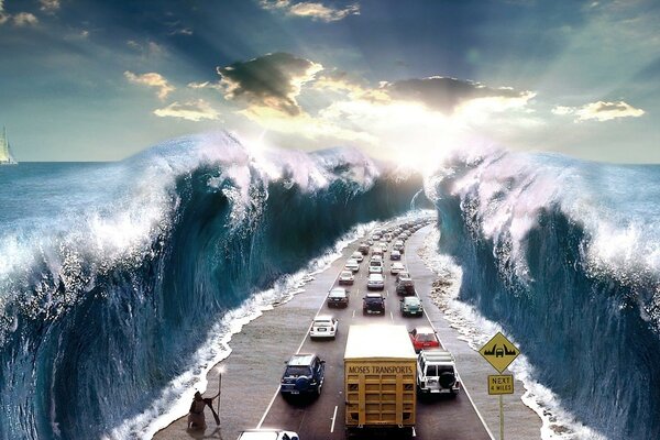 A road with a car in the middle of the ocean