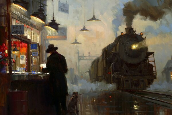 Pittura a olio-stazione con locomotiva a vapore