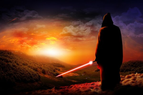 A Jedi with a sword looks at the sunset