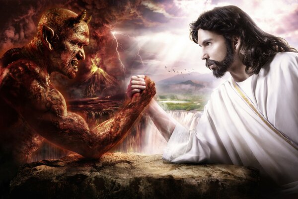 Arm wrestling of Jesus and the devil as a struggle of good and evil