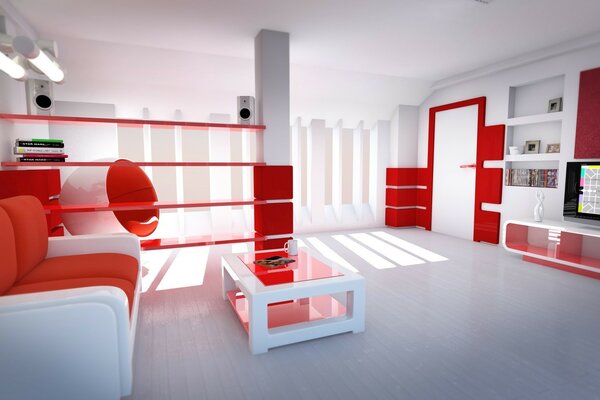 A bright white room with red tones