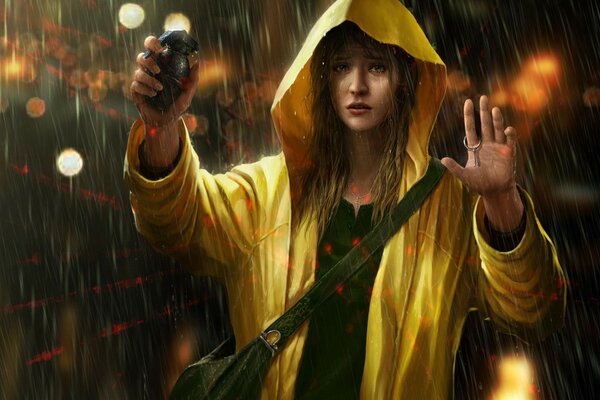 Dziewczyna w deszczu z granatem w ręku