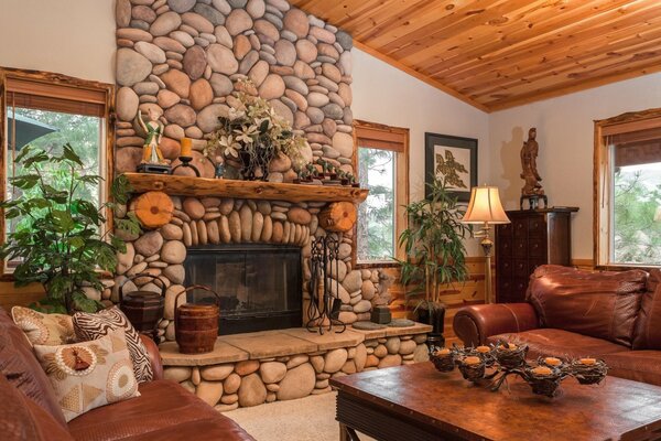 Living room with a large fireplace