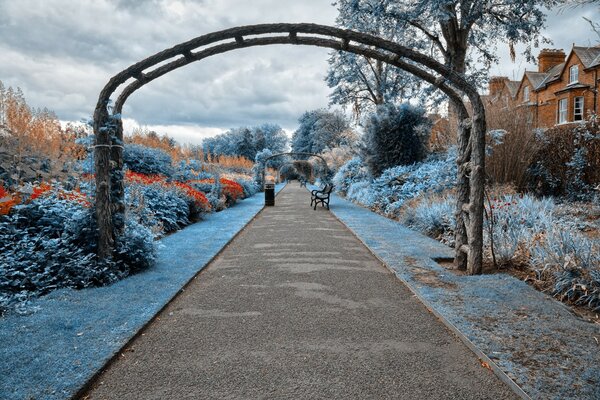 A path through an arch through a beautiful garden