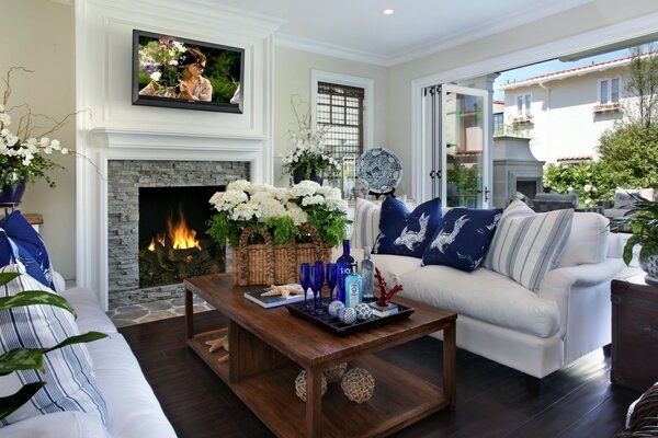 Sitting area with sofa and fireplace