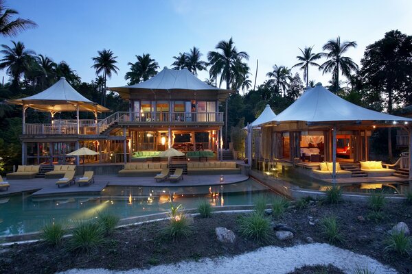 House with a swimming pool among palm trees