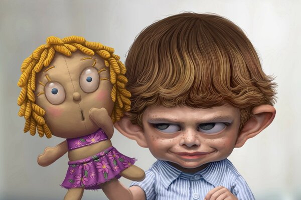 Image d un garçon avec une poupée avec un regard étrange