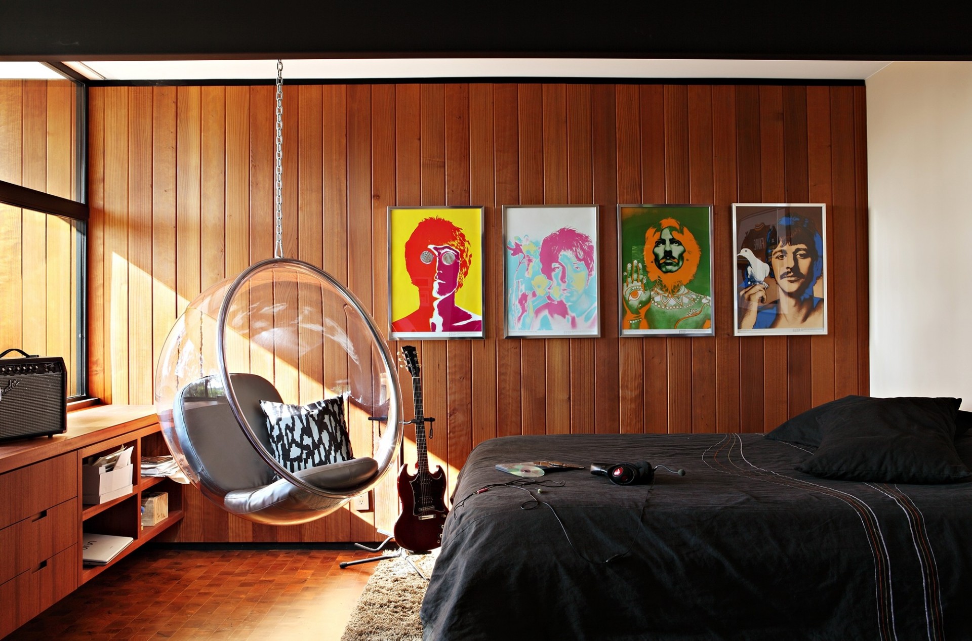 beatles bed guitars photoshoot chair salon bedroom