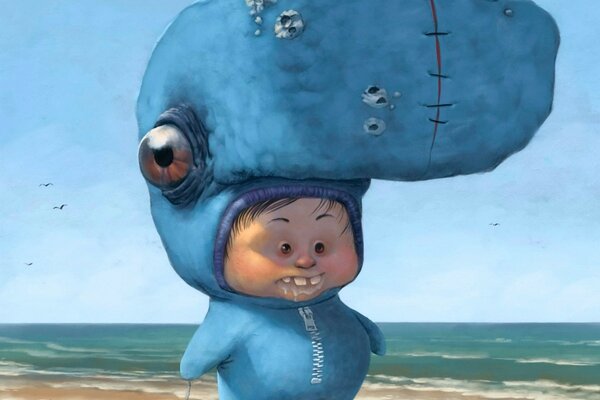 Drawing of a small man in a whale costume