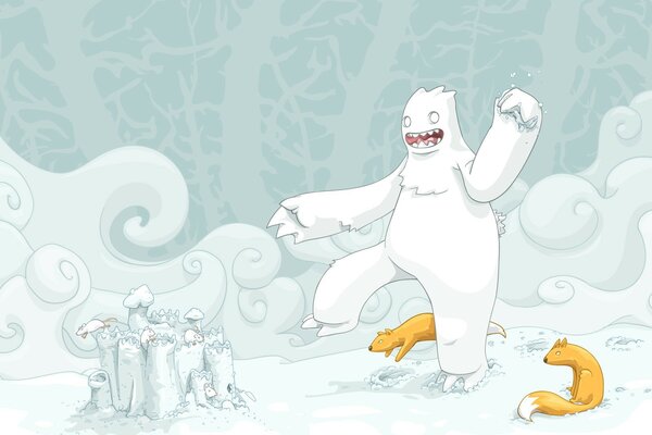 Белый монстр играет на снегу