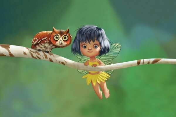 Drawing of a girl on a branch with an owl