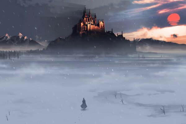 A castle in the middle of a field in winter. A man is coming