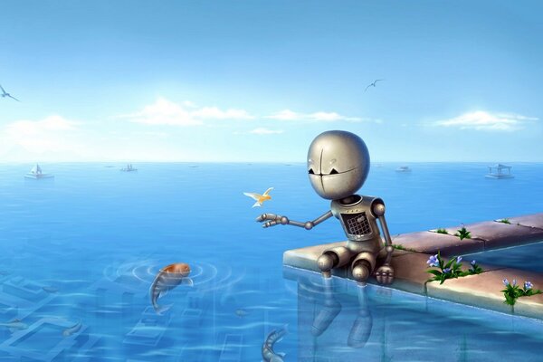 Robot with fish on the horizon in the sea