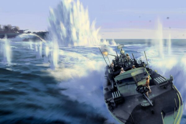 Sea battle , the boat dodges shells