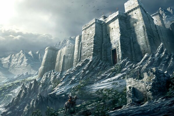 Castle in the mountains. The warrior rides despite the snow