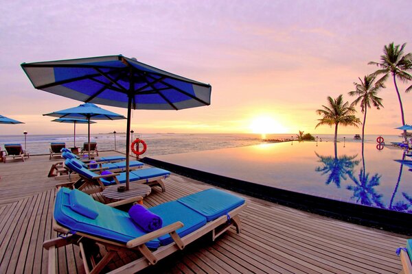 Evening beach with hammocks and umbrellas